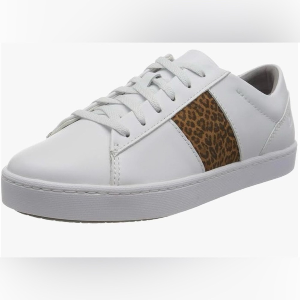 Clarks Collection White Leather Leopard Stripe Sneakers Low To0 Shoes Sz 9.5